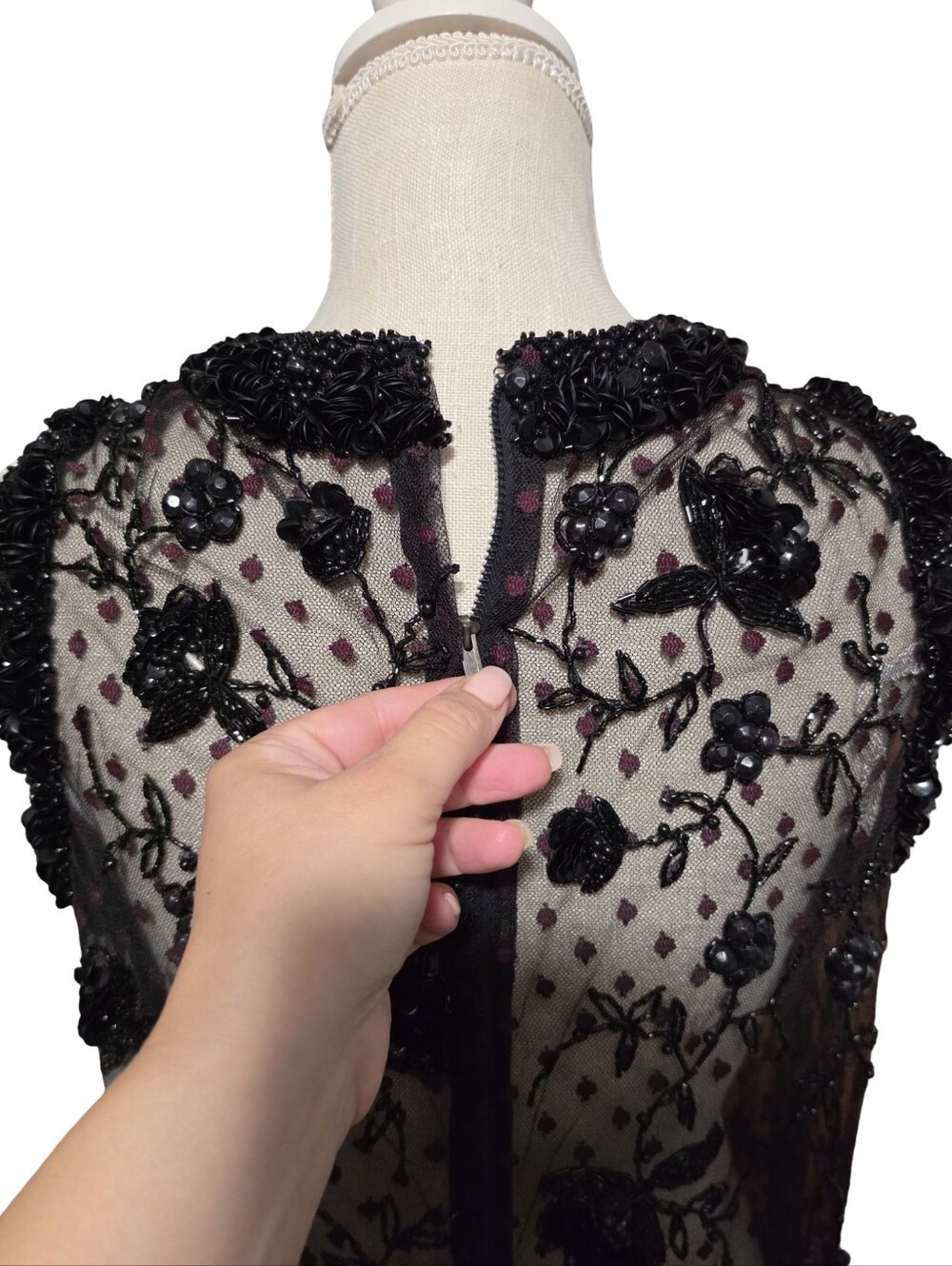 VINTAGE Beaded Mesh Top Womens Medium Black Floral Sequin British Hong Kong - Picture 6 of 8